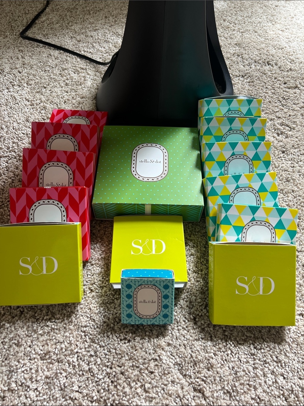 14 Stella & Dot Bright Multi-Pattern Jewelry Gift Boxes in Lime, Teal & Coral
